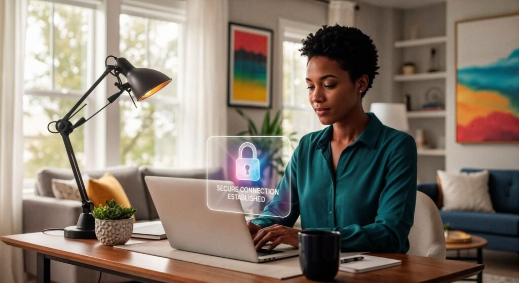 femme travaillant sur ordinateur cybersécurité