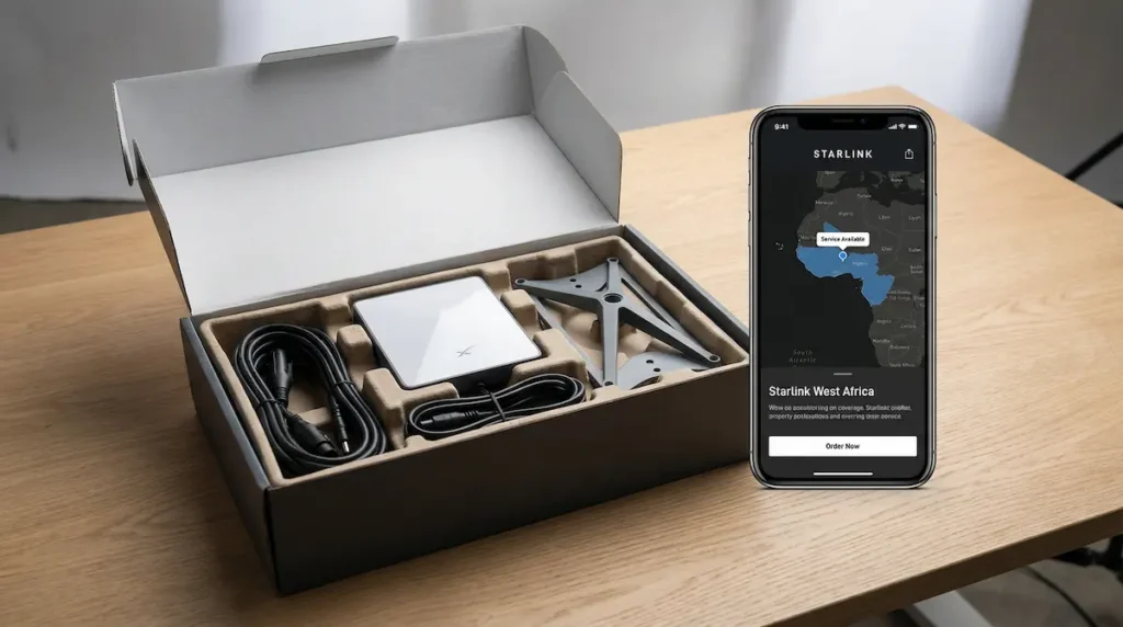 Contenu officiel de la boîte du Kit Starlink Standard avec le routeur Wi-Fi et les câbles d'alimentation lors du déballage