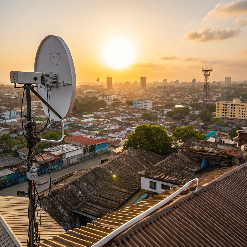 Antenne Starlink standard installée sur un toit résidentiel en Afrique de l'Ouest pour capter internet haut débit par satellite au Sénégal et au Bénin