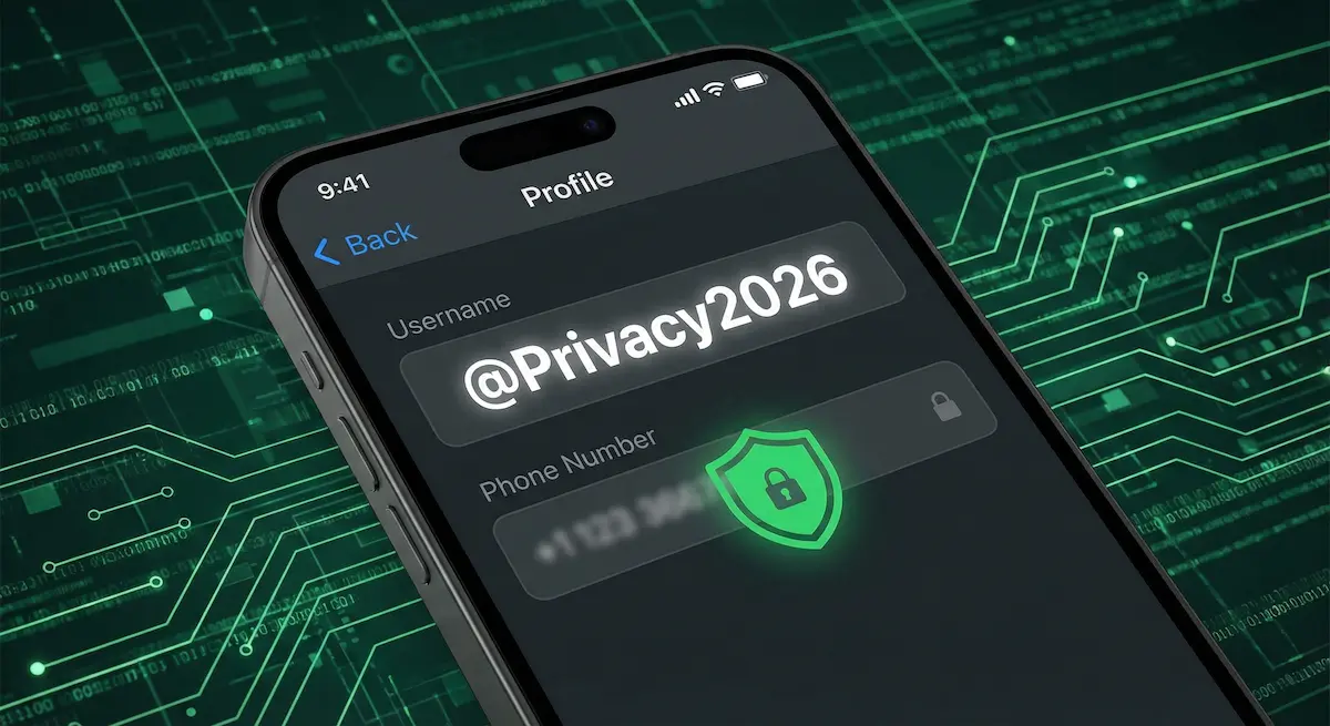 Illustration 3D d'un smartphone affichant un profil WhatsApp sécurisé où le pseudonyme remplace le numéro de téléphone masqué par un bouclier vert.