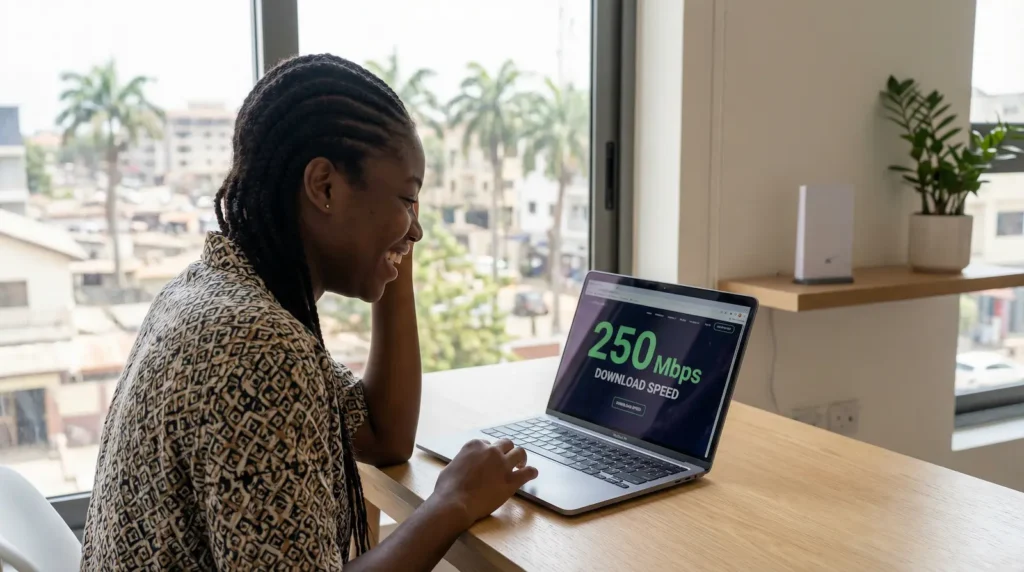 Test de débit internet Starlink affichant une vitesse de 250 Mbps sur un ordinateur portable pour le télétravail à domicile