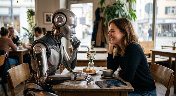 Une jeune femme surprise regardant son smartphone d'où jaillissent des cœurs numériques rouges, illustrant un chatbot IA qui drague son utilisatrice.