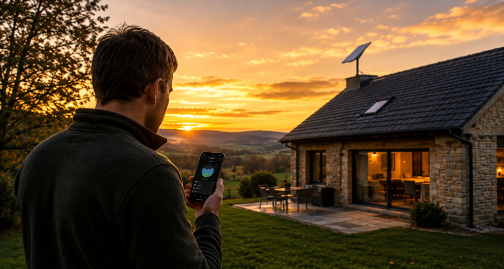 Photo ultra réaliste d’une maison individuelle située dans une zone rurale, avec une antenne Starlink fixée sur le toit et orientée vers un ciel dégagé au coucher du soleil. Un utilisateur vérifie l’application Starlink sur son smartphone pendant que le routeur Wi-Fi fonctionne à l’intérieur.