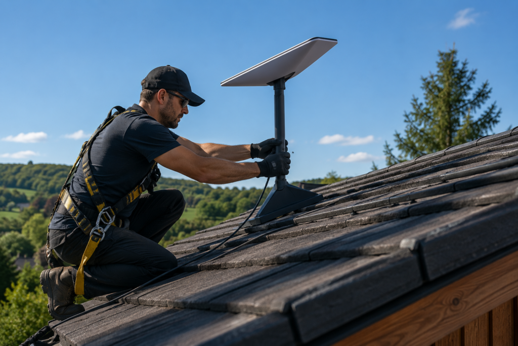 Pose d’une antenne Starlink sur un toit de maison avec fixation solide et câblage propre pour garantir une connexion stable.