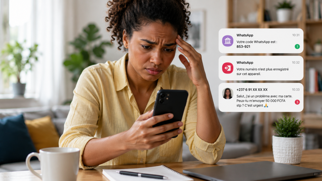 Femme consultant son téléphone après avoir reçu un code WhatsApp inattendu et des messages suspects indiquant un possible piratage.