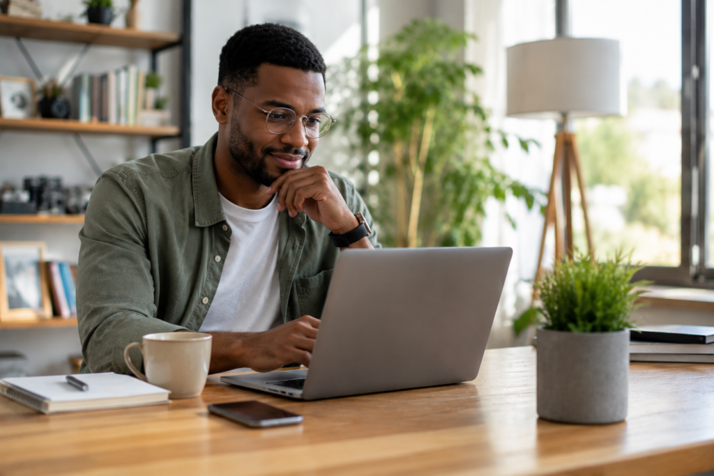 Utilisateur découvrant Claude AI gratuitement depuis son ordinateur portable dans un espace de travail lumineux