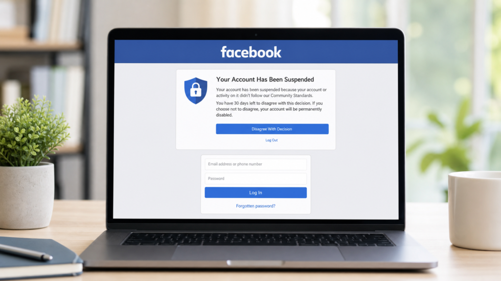 Compte Facebook désactivé ou suspendu sur écran de connexion