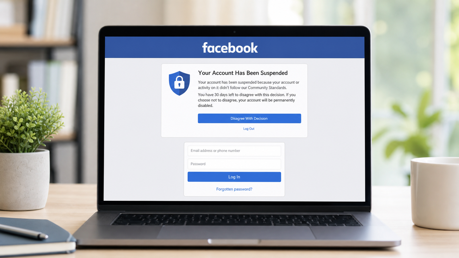 Compte Facebook désactivé ou suspendu sur écran de connexion