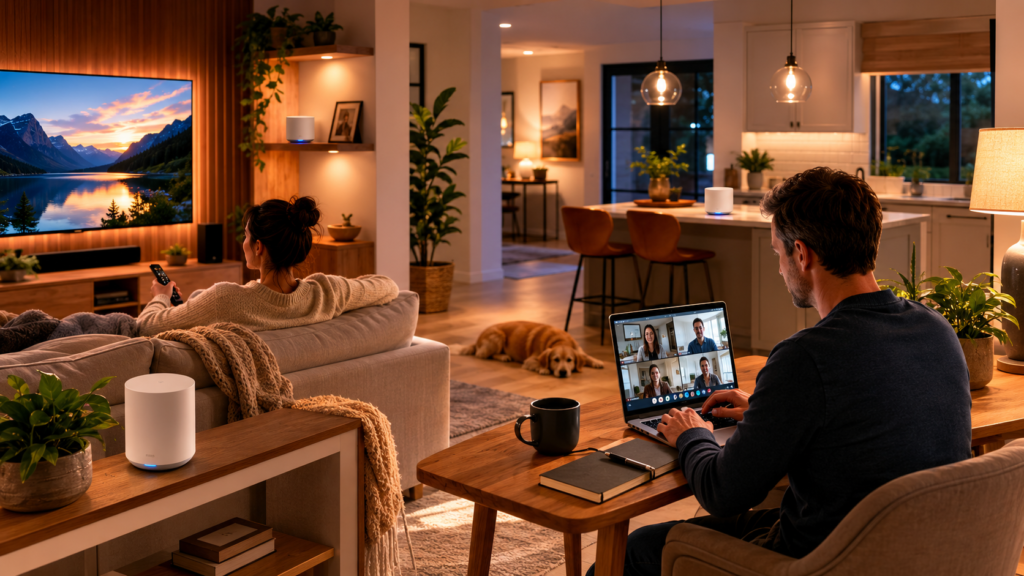 Maison équipée de Starlink avec système Wi-Fi mesh distribuant la connexion dans plusieurs pièces pour le télétravail et le streaming.