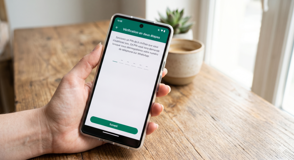 Gros plan sur un smartphone affichant l'écran de configuration du code PIN pour la vérification en deux étapes sur WhatsApp.