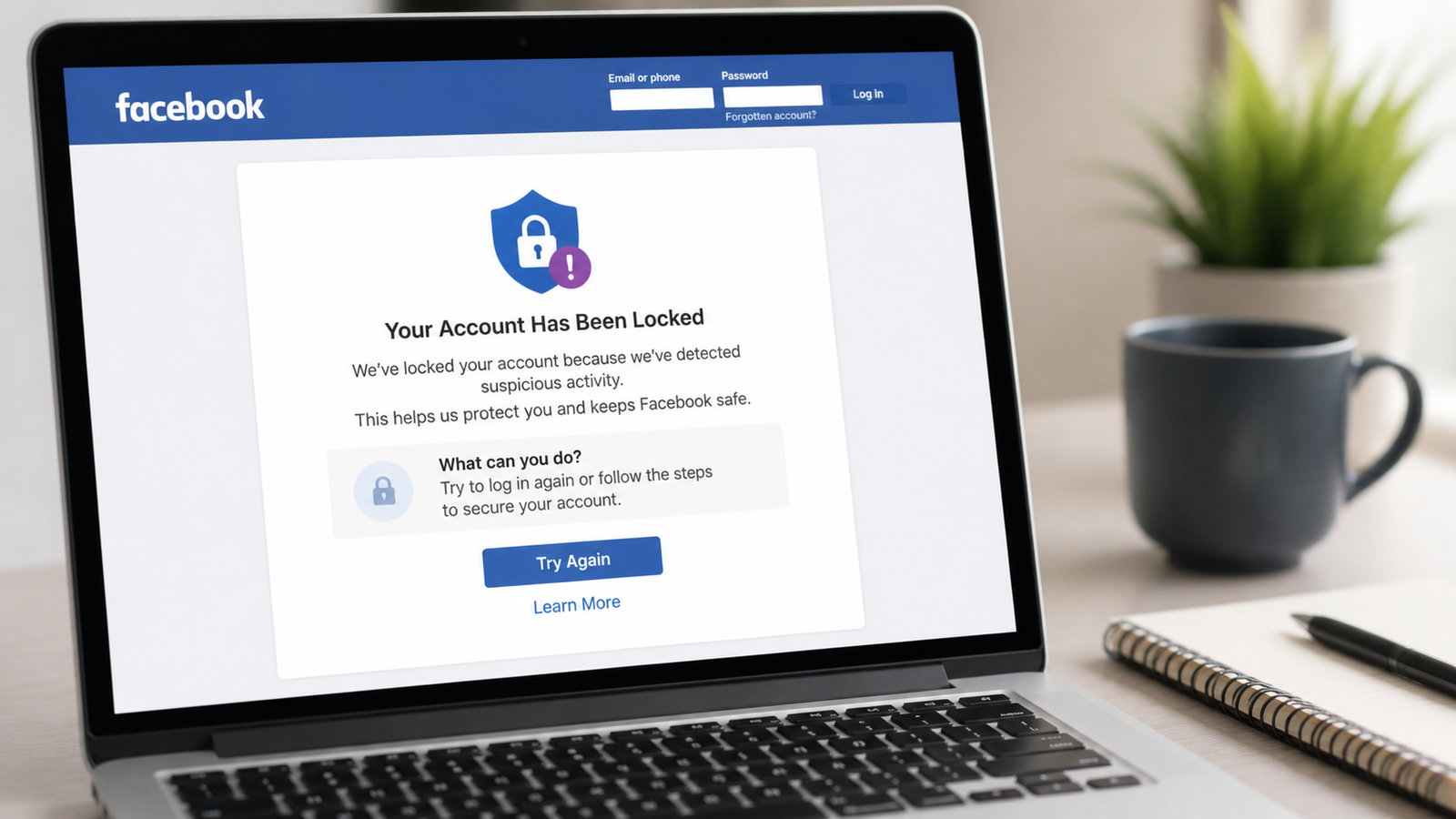 Compte Facebook verrouillé ou restreint sur écran de connexion