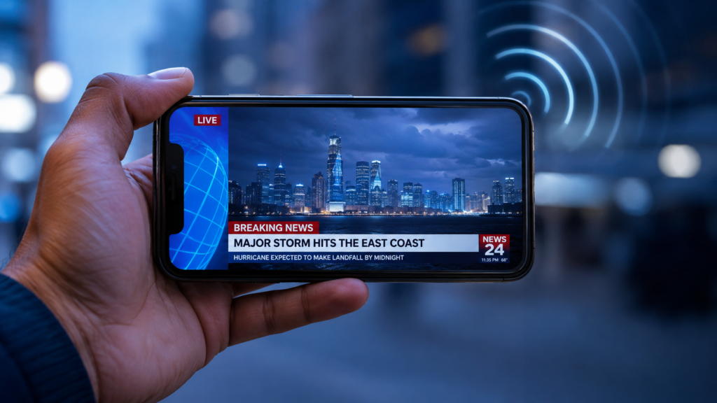 Smartphone affichant une chaîne TV en direct grâce à la technologie 5G Broadcast, sans Wi-Fi ni carte SIM