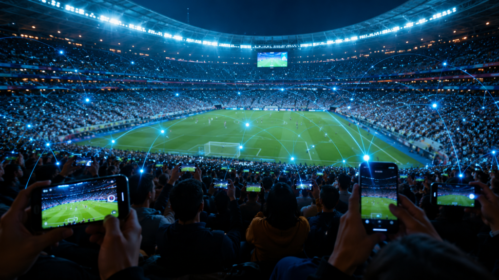 Des milliers de spectateurs dans un stade regardant un match en direct sur smartphone grâce à la 5G Broadcast, sans saturer le réseau mobile