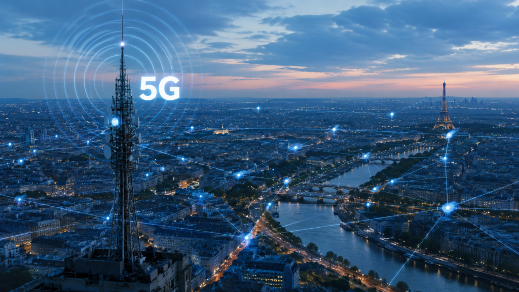 Tour de diffusion TDF émettant un signal 5G Broadcast sur une agglomération française en 2026