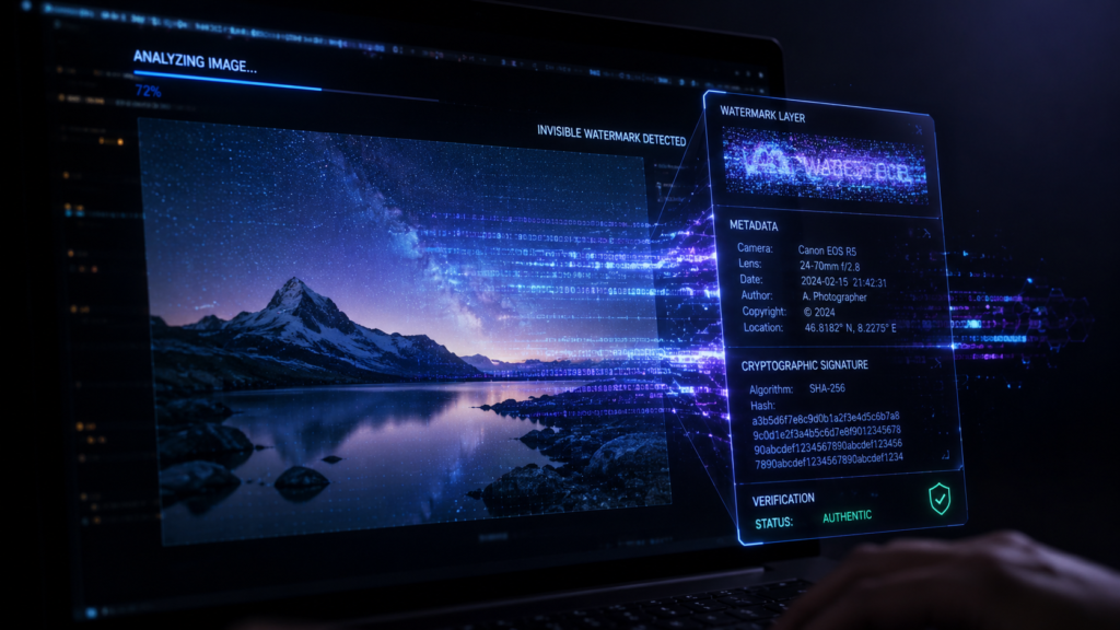 Visualisation des couches de métadonnées cryptographiques C2PA et du filigrane invisible SynthID utilisés par OpenAI Verify pour authentifier une image