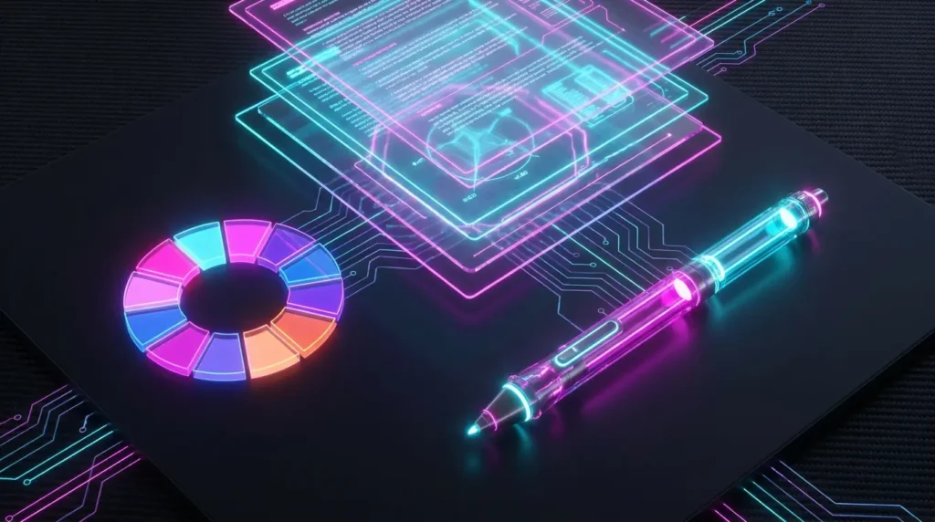Outils de création graphique et de productivité en 3D sur un bureau sombre, illustrant les alternatives gratuites aux logiciels payants.
