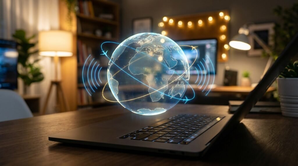 Globe terrestre holographique lumineux flottant au-dessus d'un clavier, représentant l'exploration mondiale de la radio et des vols en ligne.
