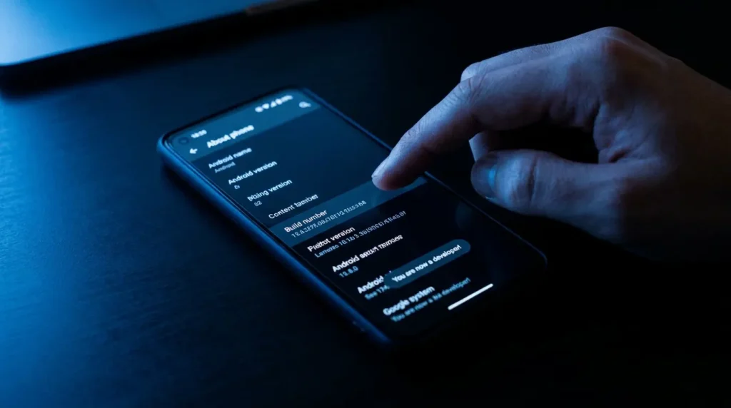 Main appuyant 7 fois sur le numéro de build d'un smartphone Android pour débloquer le mode développeur