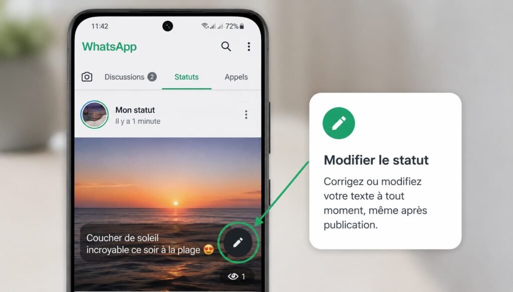Smartphone affichant l’option de modification d’un statut WhatsApp