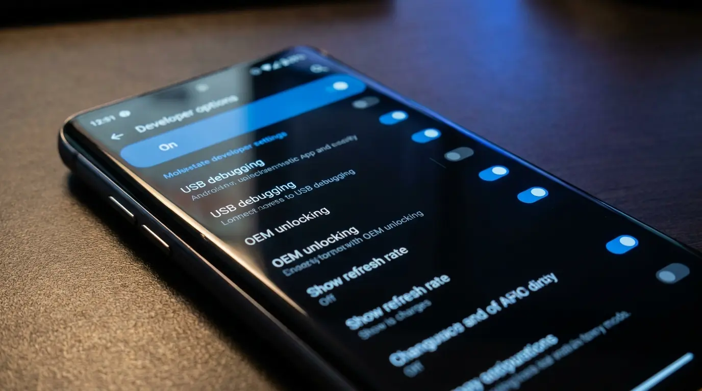 Écran d'un smartphone Android affichant le menu des options développeurs avec ses réglages avancés activés