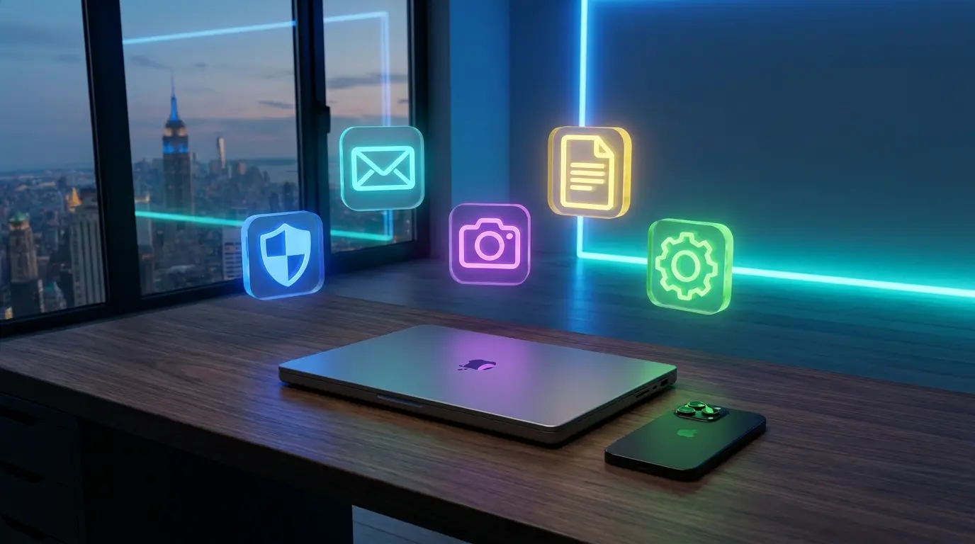 Ordinateur et smartphone entourés d'icônes d'applications en 3D, représentant une sélection d'outils numériques gratuits et légaux.