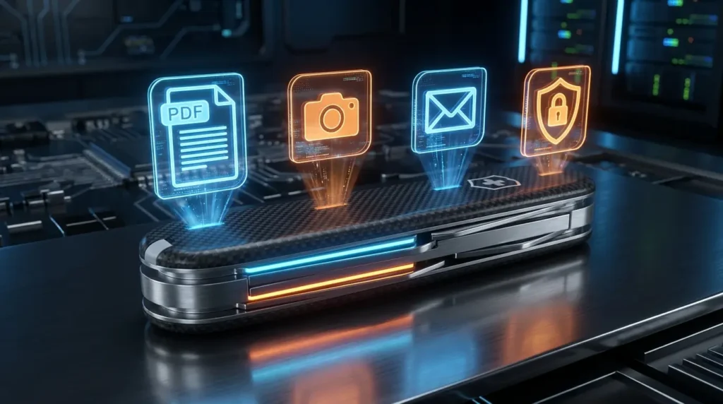 Couteau suisse numérique holographique avec des icônes d'applications, illustrant la polyvalence des outils gratuits en ligne.
