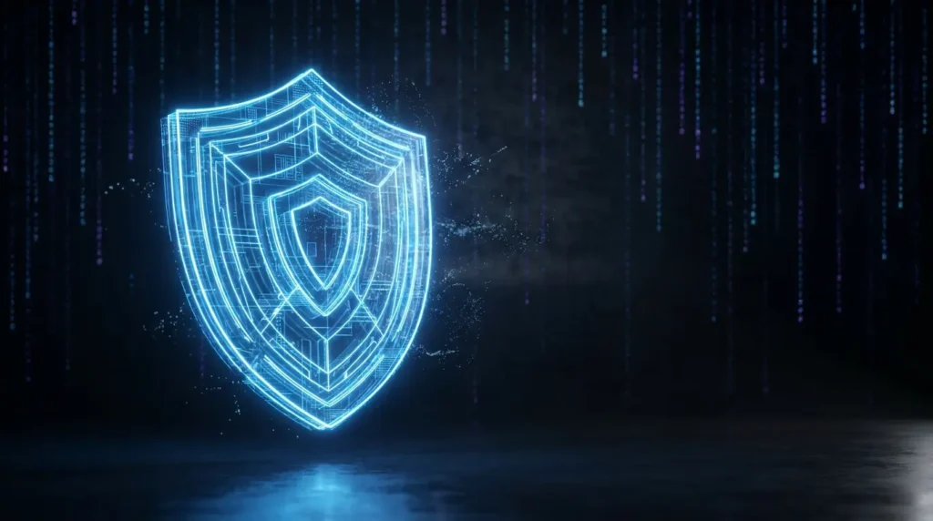 Bouclier numérique lumineux protégeant des données, symbolisant la cybersécurité et la protection de l'identité en ligne.
