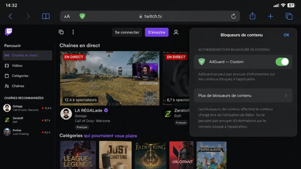 bloquer les pubs Twitch sur iPhone via Safari et AdGuard