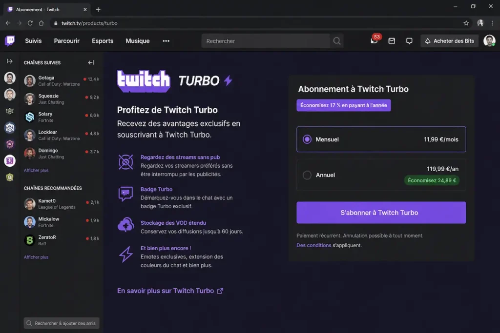abonnement Twitch Turbo pour supprimer les pubs