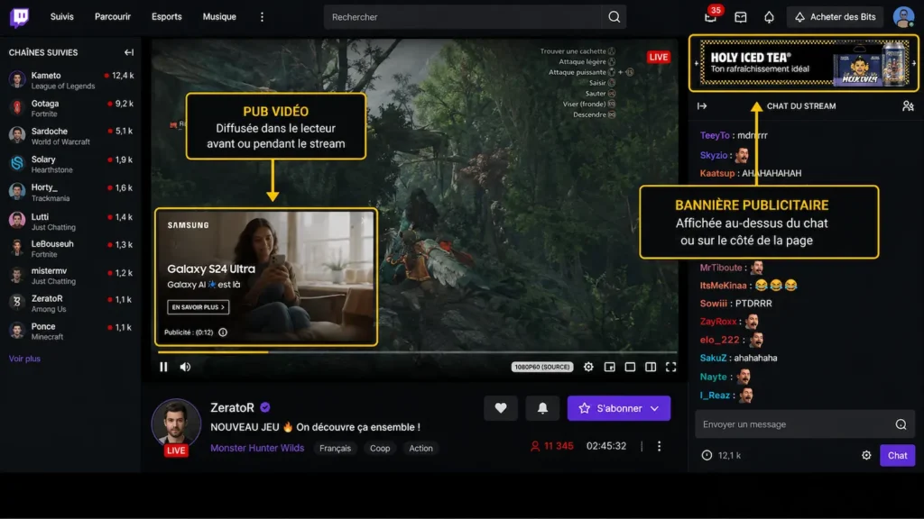 les différents types de publicités sur Twitch : vidéo et bannière