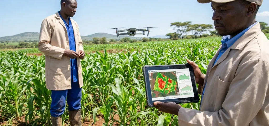 Un spécialiste agritech africain dans une plantation, utilisant une tablette et un drone pour l'analyse des cultures par intelligence artificielle.