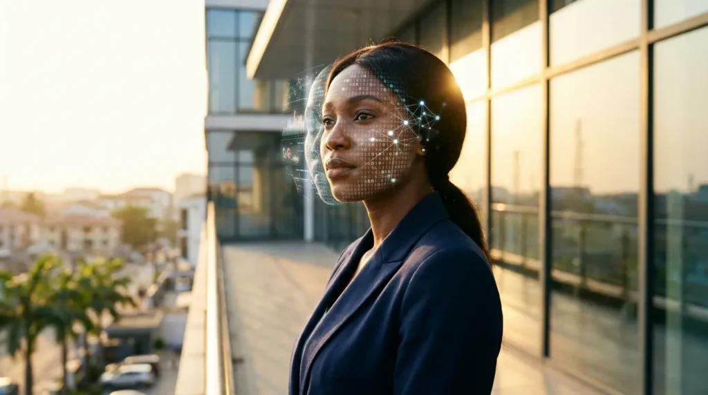 Une professionnelle africaine confiante avec des superpositions de données d'intelligence artificielle, illustrant les métiers d'avenir en Afrique