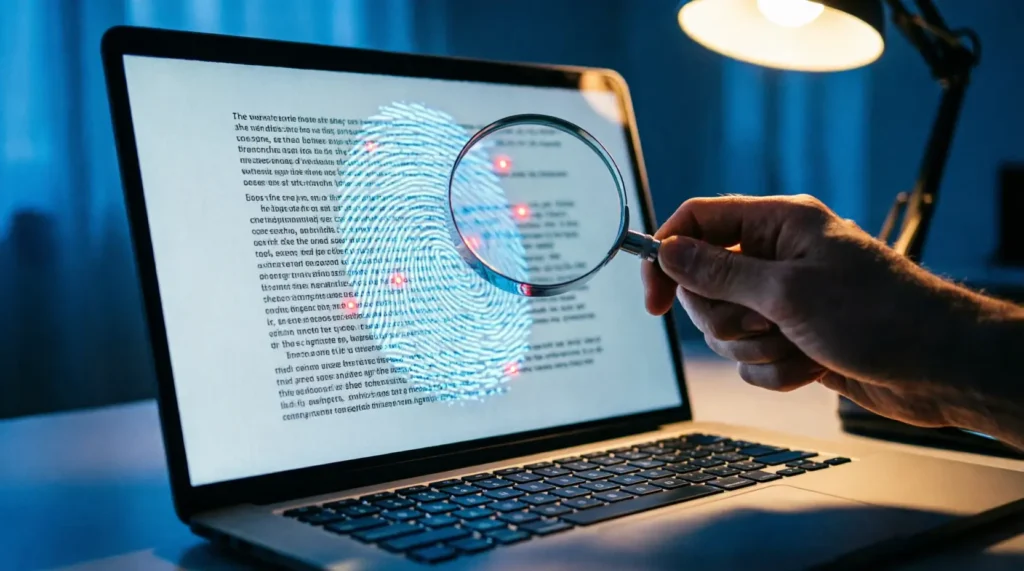 Gros plan sur un écran affichant un texte où une empreinte numérique lumineuse révèle un filigrane invisible, observé à la loupe