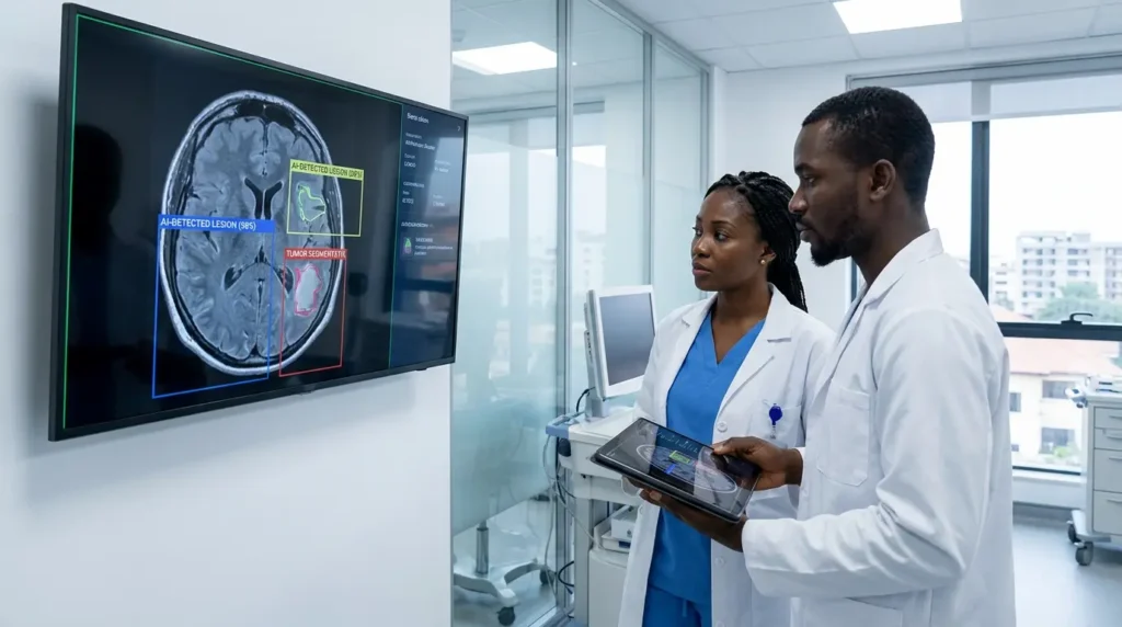 Une femme médecin africaine analysant des radiographies avec l'assistance d'un logiciel d'intelligence artificielle dans une clinique moderne.