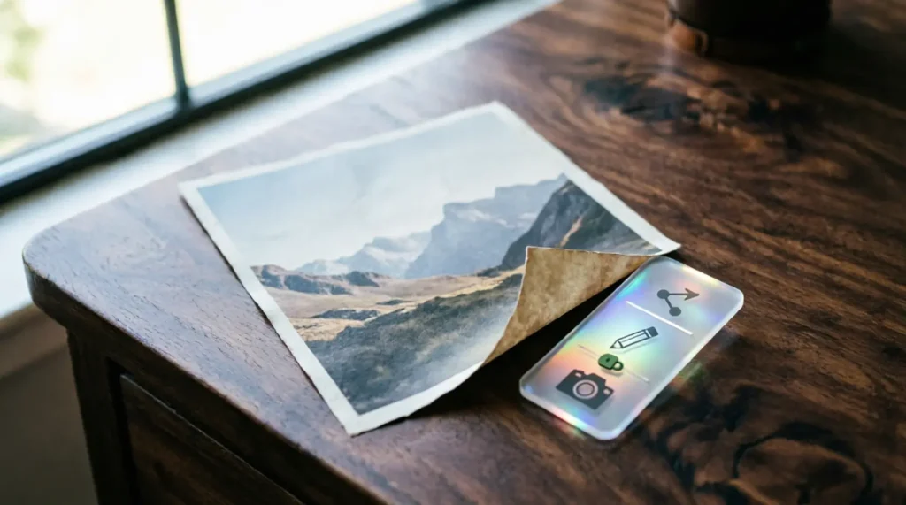Une photo imprimée posée sur un bureau en bois, accompagnée d'une carte holographique affichant une chaîne d'icônes caméra, crayon et partage scellée par un cadenas vert