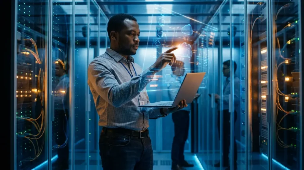 Un Data Engineer africain supervisant l'architecture cloud et les flux de données dans un centre d'opérations moderne.