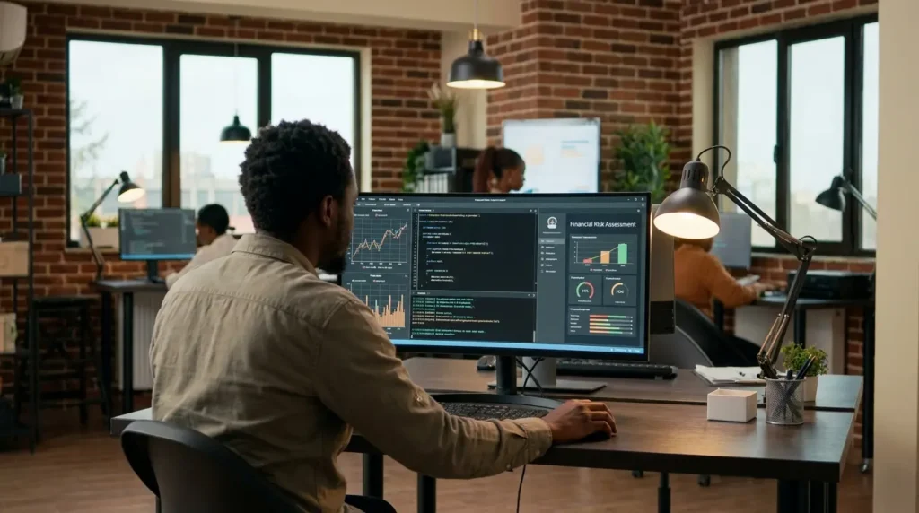 Un Data Scientist africain analysant des modèles prédictifs de risque financier sur son écran d'ordinateur.