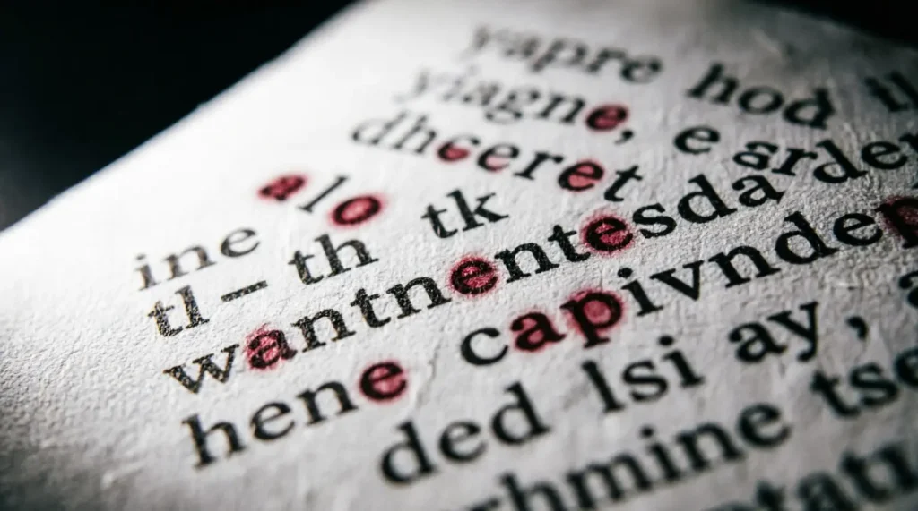Macro photographie d'un texte imprimé où quelques lettres rouges lumineuses forment une signature invisible