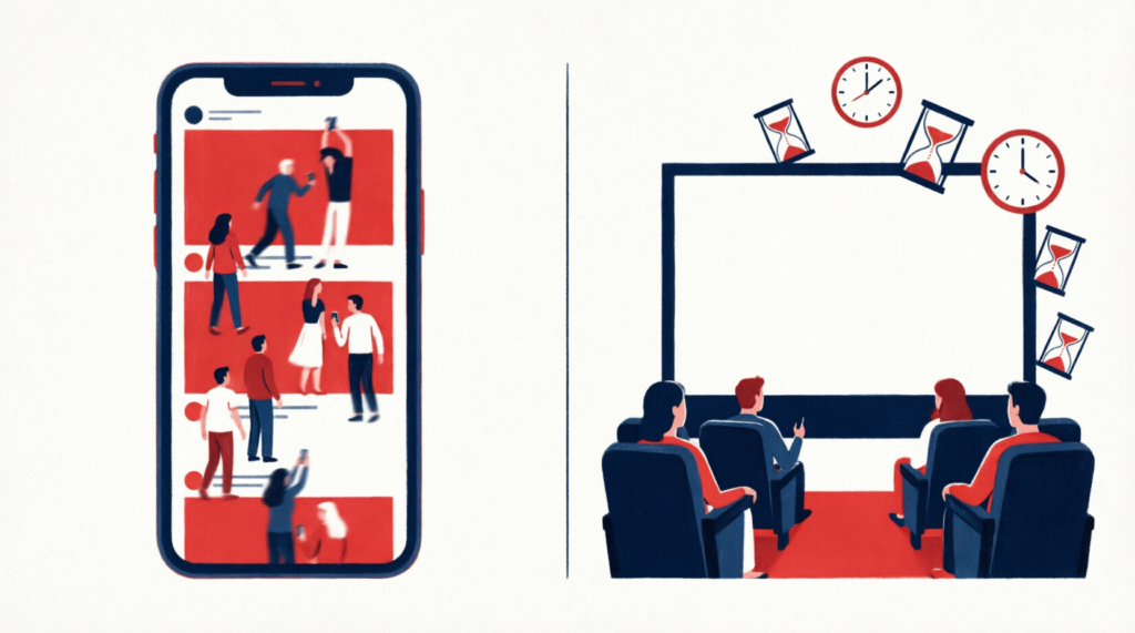 Comparaison illustrée entre le défilement rapide des Shorts et le visionnage longue durée des vidéos YouTube