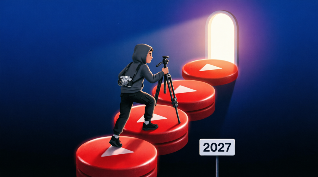 Illustration : un créateur gravissant des marches de boutons de lecture YouTube vers la monétisation en 2027