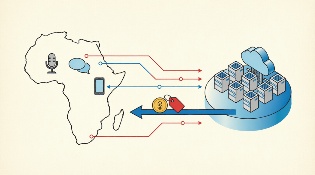 Schéma des données africaines captées pour entraîner des modèles d'IA puis revendues sous forme d'abonnements payants