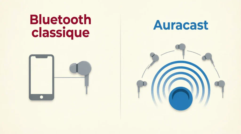 Comparaison entre Bluetooth classique et diffusion Auracast façon radio FM