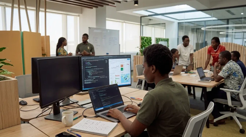Une développeuse travaillant sur des lignes de code et des données d'intelligence artificielle au Google Africa Applied AI Lab d'Accra.