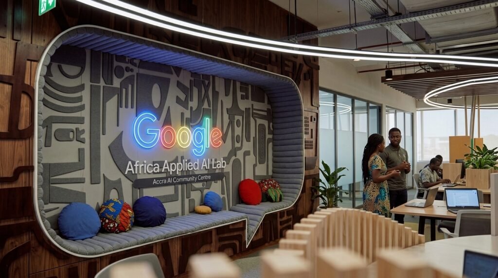 Développeurs africains collaborant dans un hub technologique à Accra autour de solutions d'intelligence artificielle.
