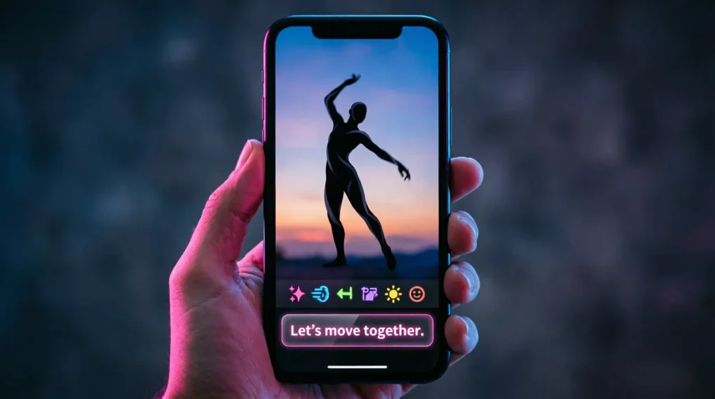 Smartphone vertical, silhouette dansante, sous-titres auto et rangée d'effets néon.