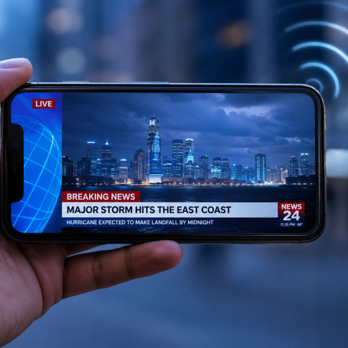 Smartphone affichant une chaîne TV en direct grâce à la technologie 5G Broadcast, sans Wi-Fi ni carte SIM