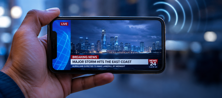 Smartphone affichant une chaîne TV en direct grâce à la technologie 5G Broadcast, sans Wi-Fi ni carte SIM