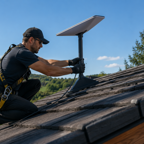 Pose d’une antenne Starlink sur un toit de maison avec fixation solide et câblage propre pour garantir une connexion stable.