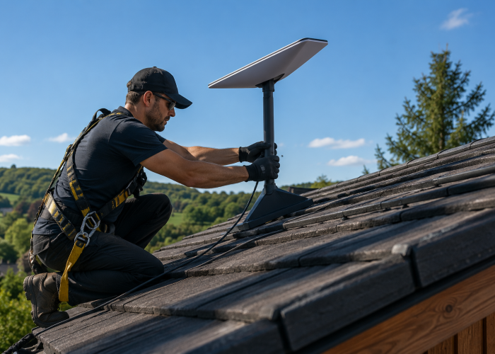 Pose d’une antenne Starlink sur un toit de maison avec fixation solide et câblage propre pour garantir une connexion stable.
