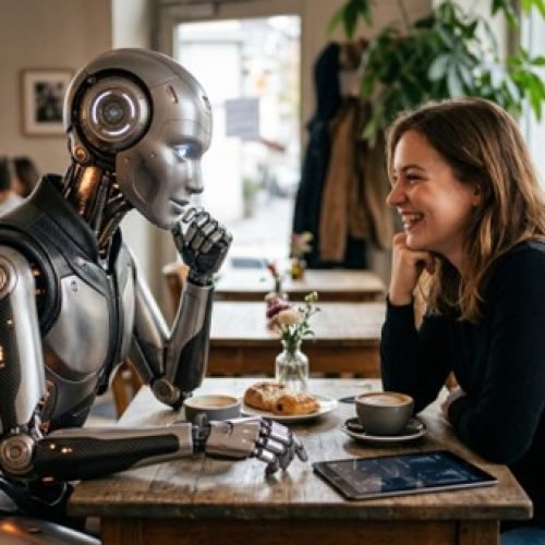 Une jeune femme surprise regardant son smartphone d'où jaillissent des cœurs numériques rouges, illustrant un chatbot IA qui drague son utilisatrice.